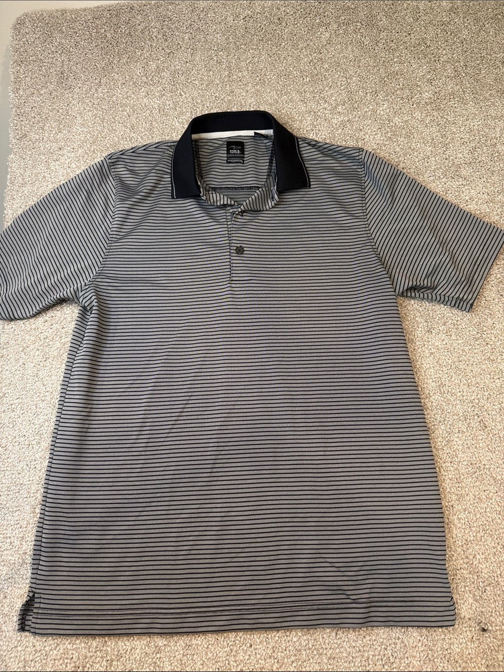 Men's Black and Gray Striped Polo with Contrast Collar